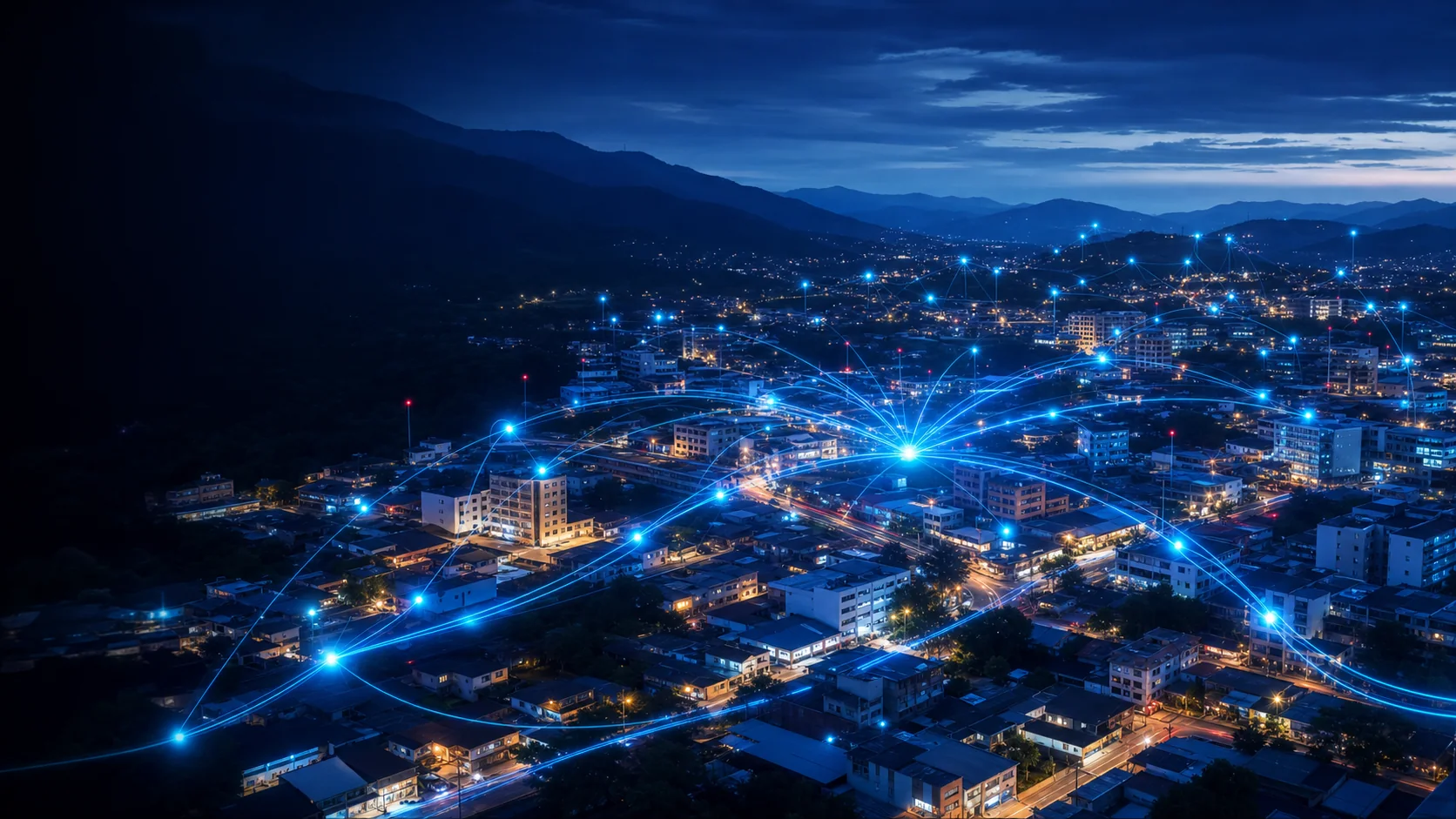 Vista urbana conectada por una red de fibra óptica