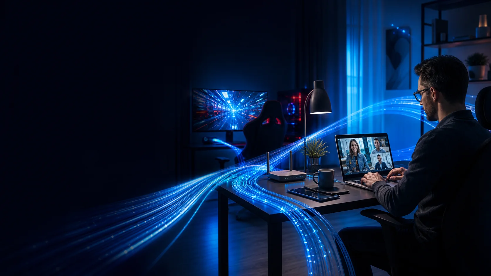 Espacio de trabajo y entretenimiento conectado con fibra óptica