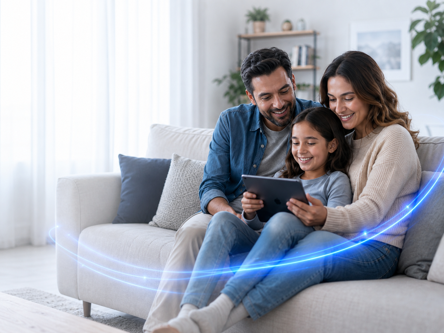 Familia disfrutando una tableta y una conexión de fibra óptica en su hogar