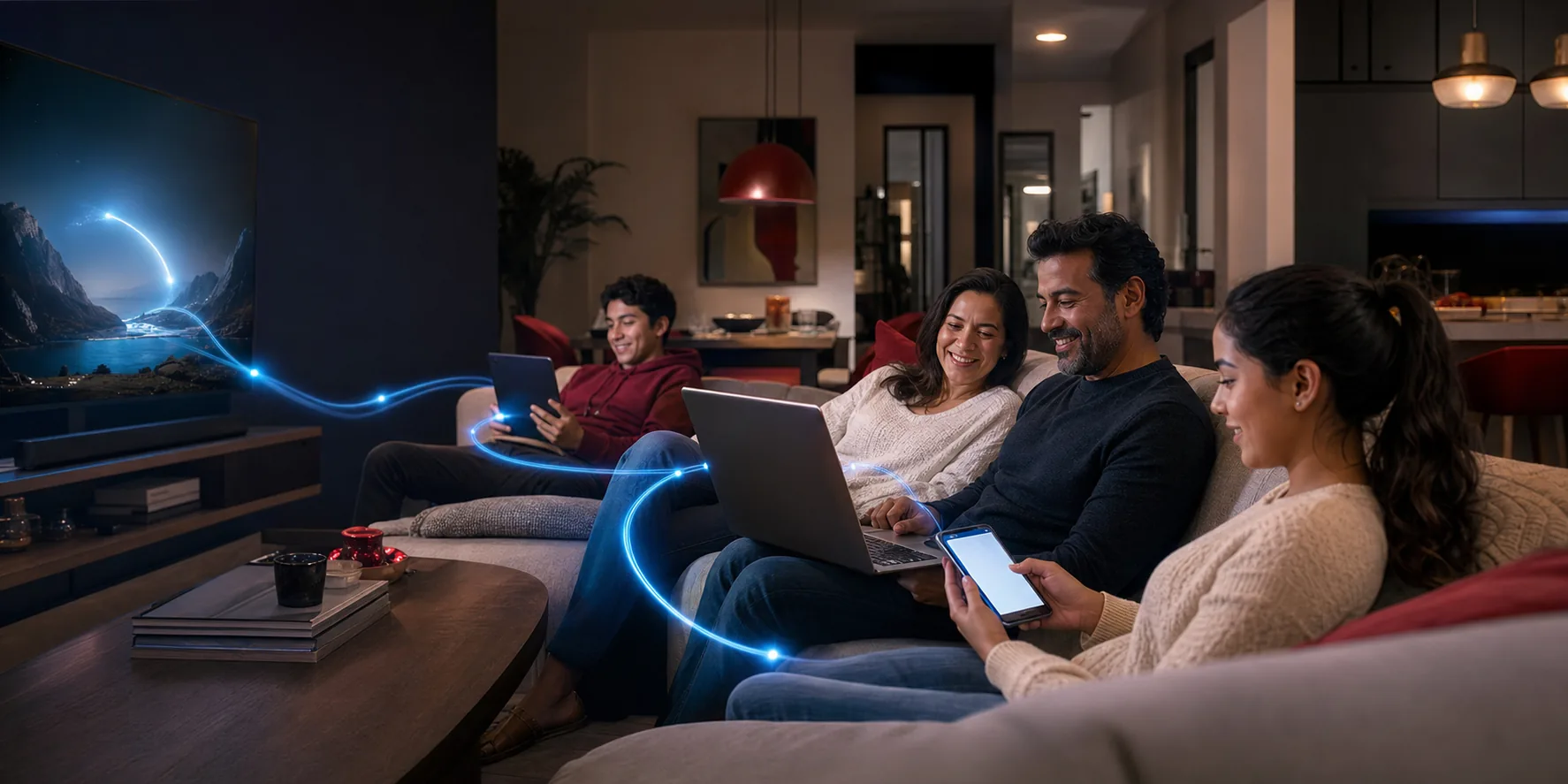 Familia disfrutando internet por fibra óptica en varios dispositivos